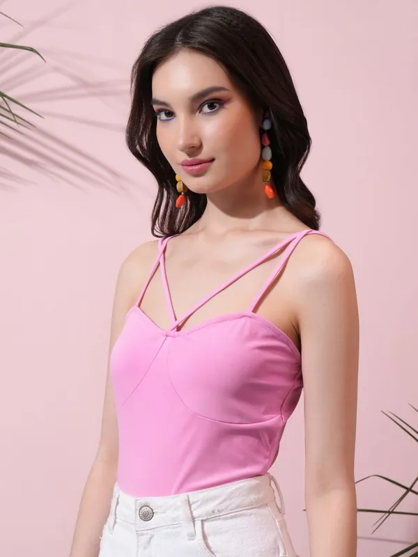 Tokyo Talkies Women Pink Solid Fitted Bodysuit