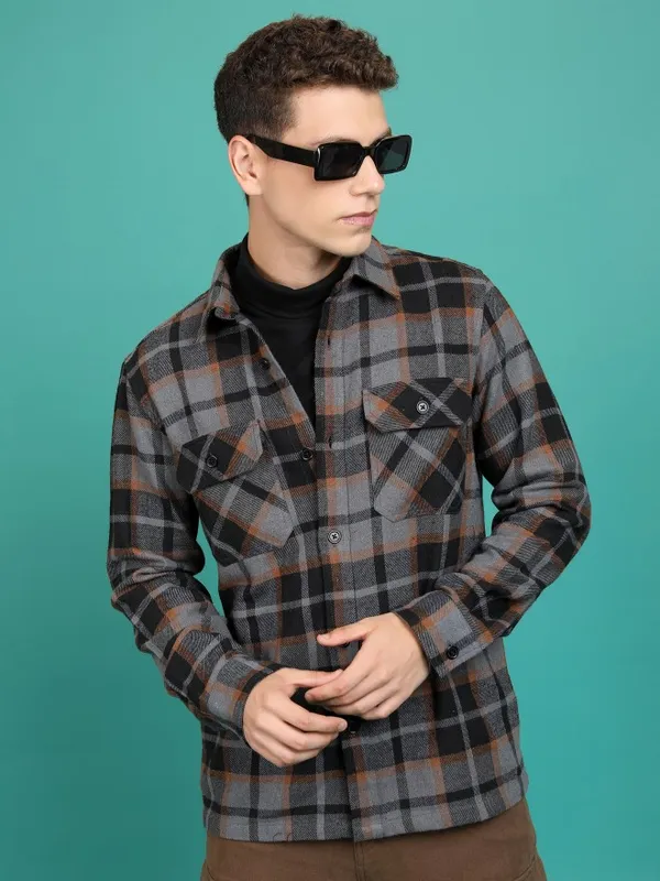  Highlander Men Grey Checked Open Front Jacket Jackets