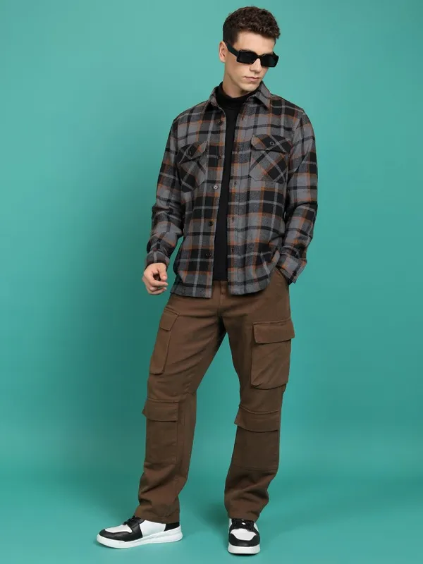  Highlander Men Grey Checked Open Front Jacket Jackets