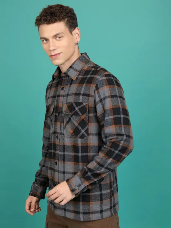  Highlander Men Grey Checked Open Front Jacket Jackets