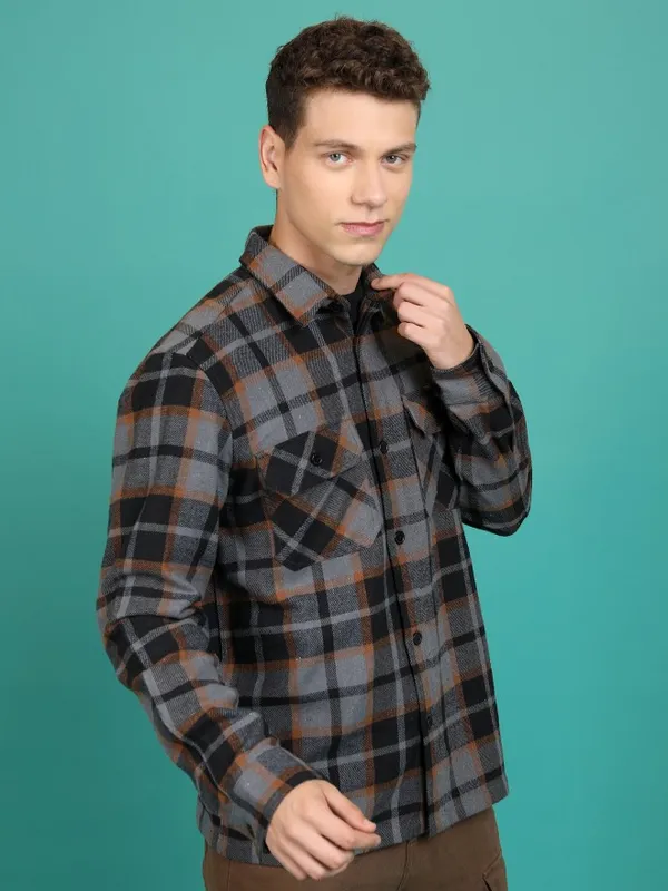  Highlander Men Grey Checked Open Front Jacket Jackets