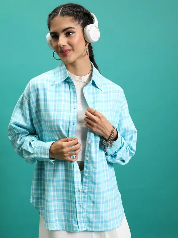  Tokyo Talkies Women Blue Checked Casual Shirts