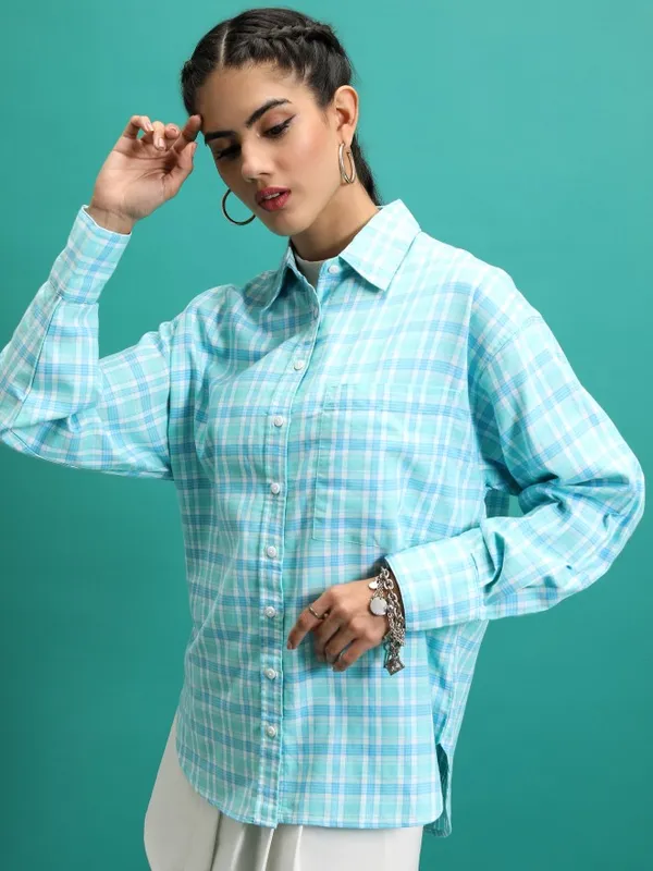  Tokyo Talkies Women Blue Checked Casual Shirts