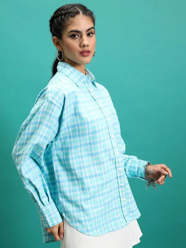  Tokyo Talkies Women Blue Checked Casual Shirts