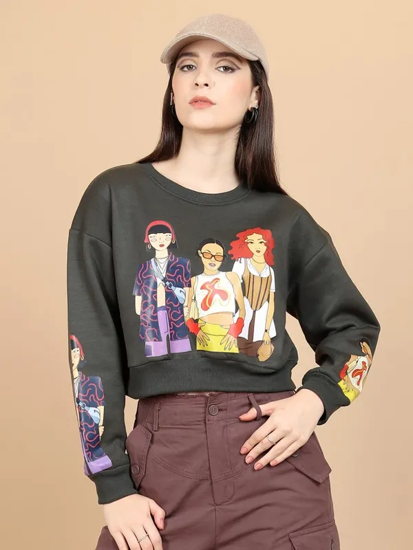  Tokyo Talkies Women Grey Printed Pullover Round Neck Sweatshirts