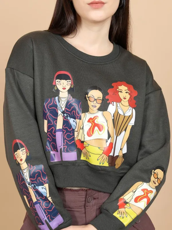  Tokyo Talkies Women Grey Printed Pullover Round Neck Sweatshirts