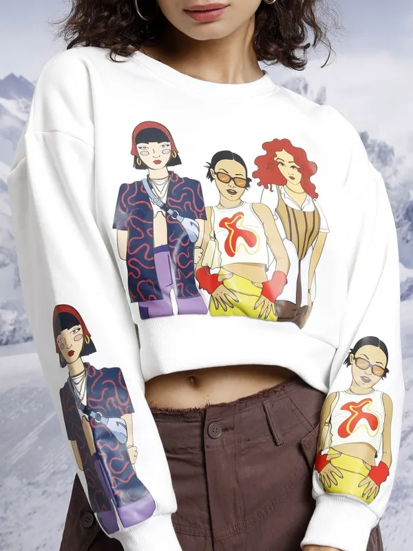  Tokyo Talkies Women White Printed Pullover Round Neck Sweatshirts