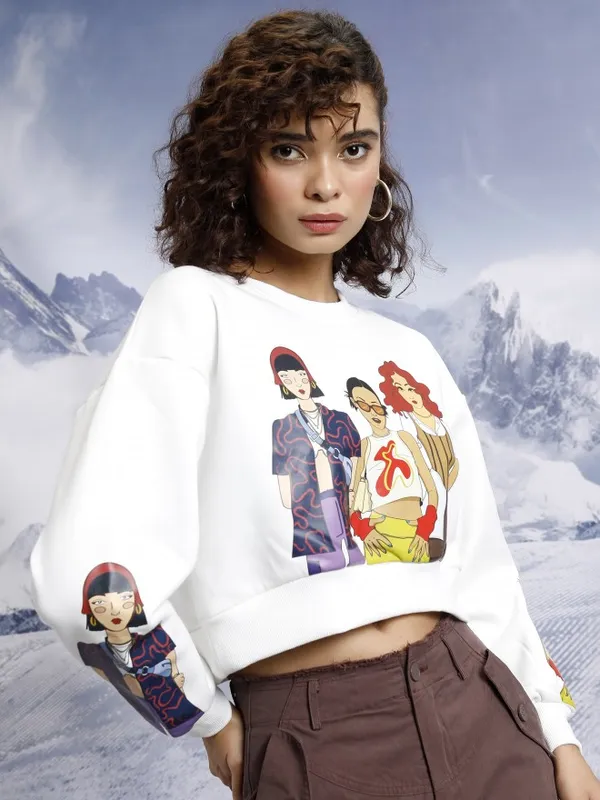  Tokyo Talkies Women White Printed Pullover Round Neck Sweatshirts