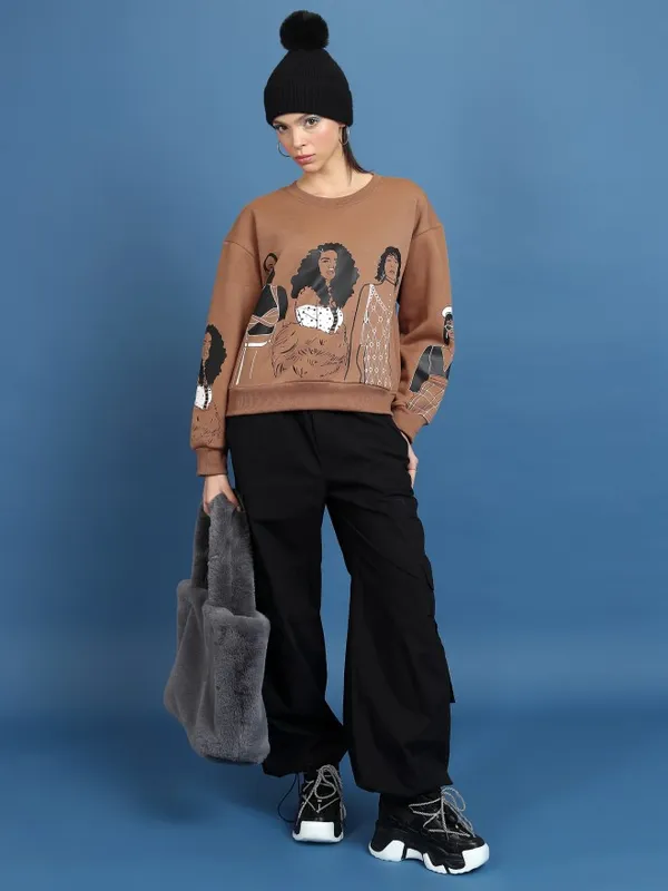  Tokyo Talkies Women Brown Printed Pullover Round Neck Sweatshirts