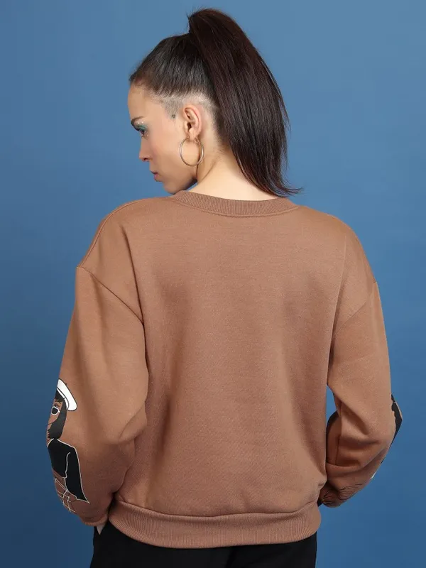 Tokyo Talkies Women Brown Printed Pullover Round Neck Sweatshirts