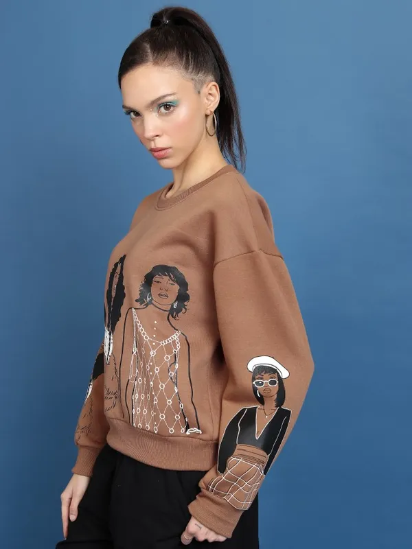  Tokyo Talkies Women Brown Printed Pullover Round Neck Sweatshirts