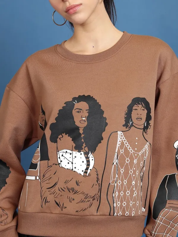  Tokyo Talkies Women Brown Printed Pullover Round Neck Sweatshirts