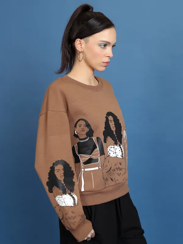 Tokyo Talkies Women Brown Printed Pullover Round Neck Sweatshirts