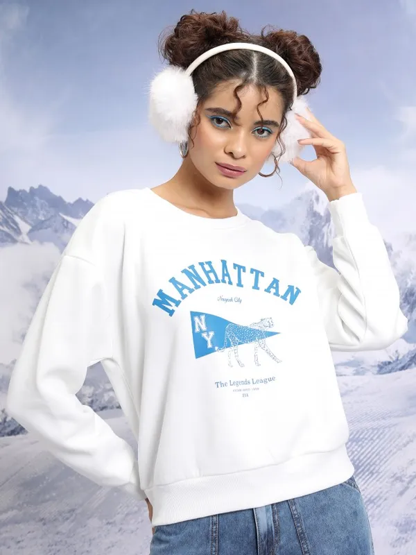  Tokyo Talkies Women White Printed Pullover Round Neck Sweatshirts