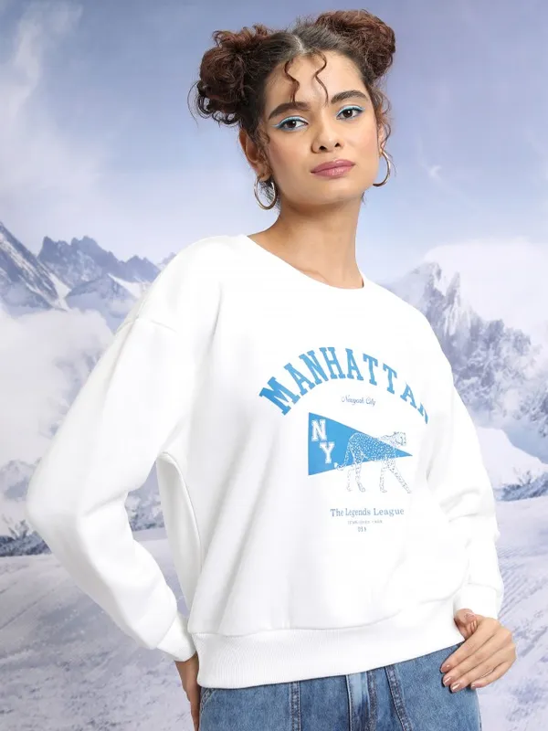 Tokyo Talkies Women White Printed Pullover Round Neck Sweatshirts