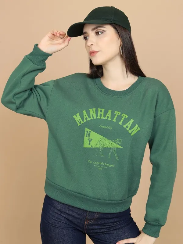  Tokyo Talkies Women Green Printed Pullover Round Neck Sweatshirts