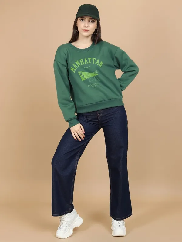  Tokyo Talkies Women Green Printed Pullover Round Neck Sweatshirts