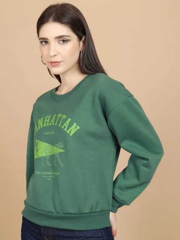  Tokyo Talkies Women Green Printed Pullover Round Neck Sweatshirts
