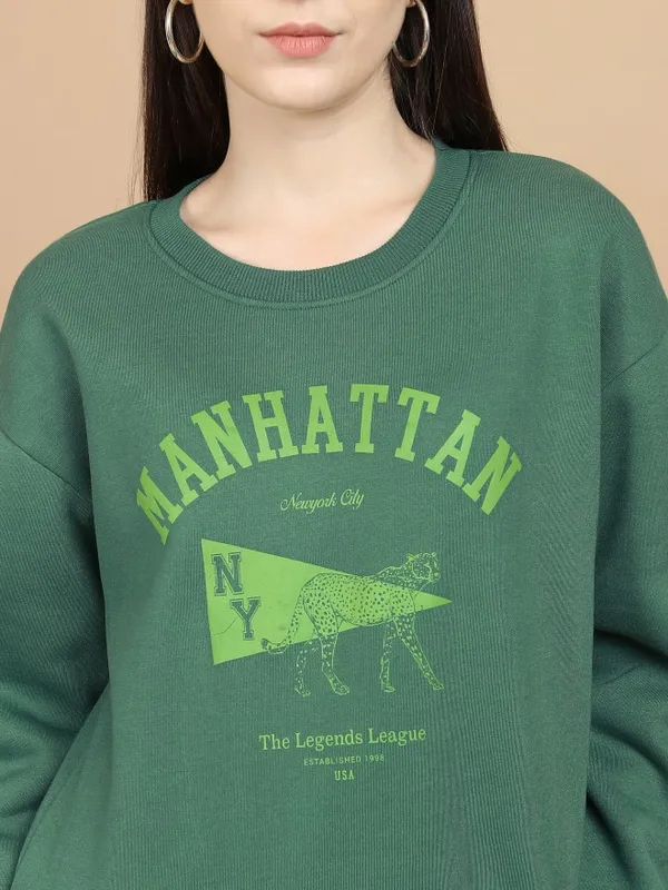  Tokyo Talkies Women Green Printed Pullover Round Neck Sweatshirts