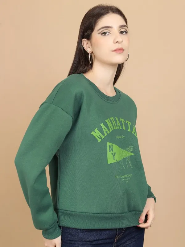  Tokyo Talkies Women Green Printed Pullover Round Neck Sweatshirts