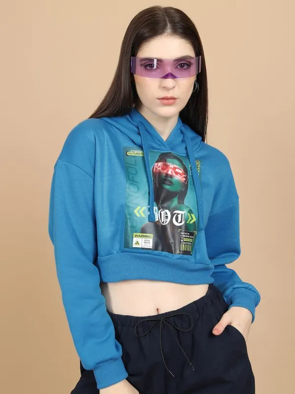  Tokyo Talkies Women Blue Printed Pullover Hood Sweatshirts