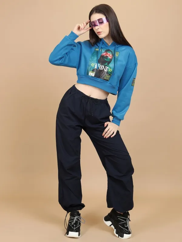  Tokyo Talkies Women Blue Printed Pullover Hood Sweatshirts