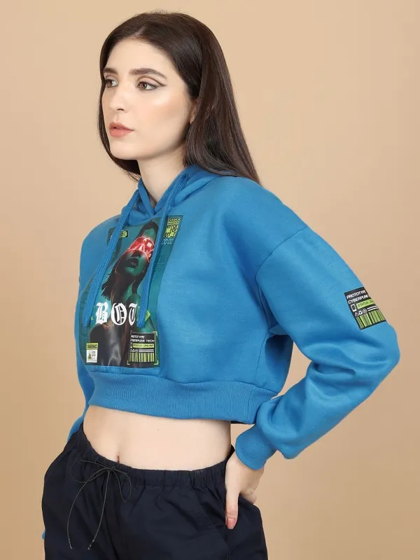  Tokyo Talkies Women Blue Printed Pullover Hood Sweatshirts