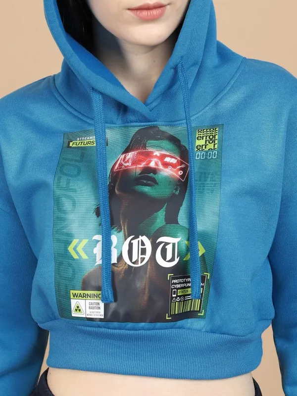 Tokyo Talkies Women Blue Printed Pullover Hood Sweatshirts