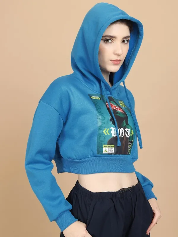  Tokyo Talkies Women Blue Printed Pullover Hood Sweatshirts