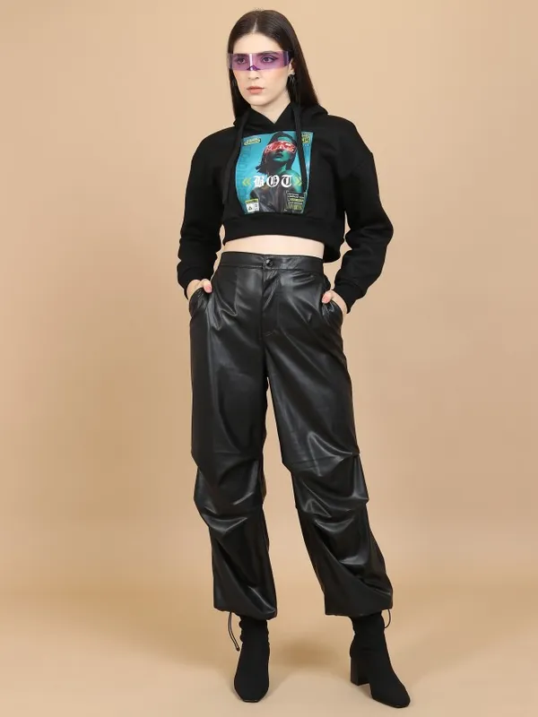  Tokyo Talkies Women Black Printed Pullover Hood Sweatshirts
