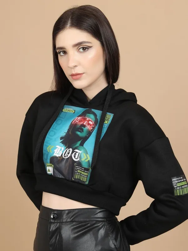  Tokyo Talkies Women Black Printed Pullover Hood Sweatshirts