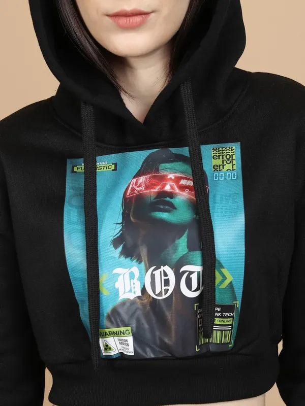  Tokyo Talkies Women Black Printed Pullover Hood Sweatshirts