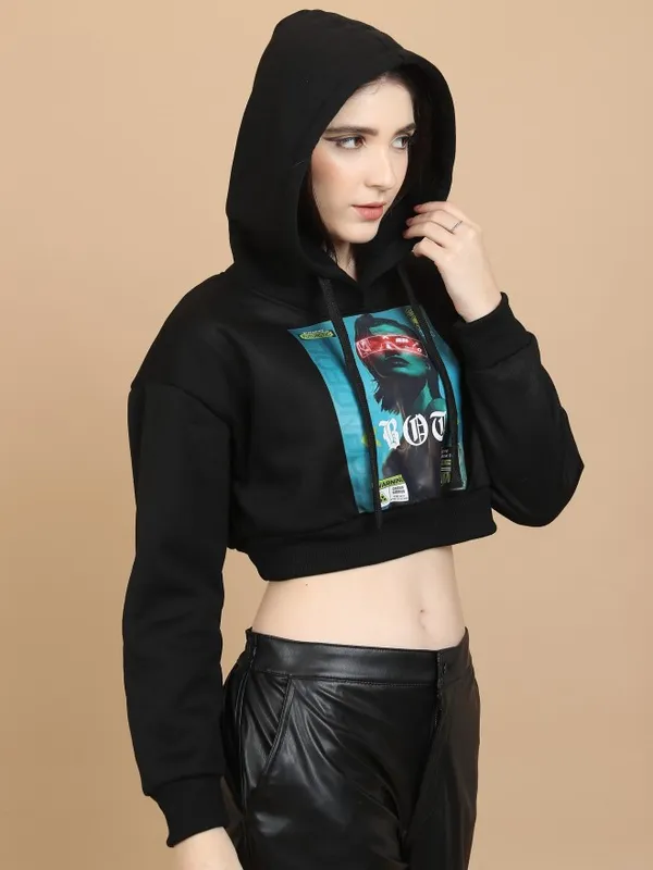  Tokyo Talkies Women Black Printed Pullover Hood Sweatshirts