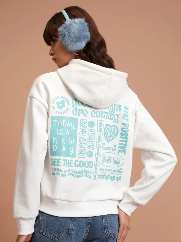  Tokyo Talkies Women White Printed Pullover Hood Sweatshirts