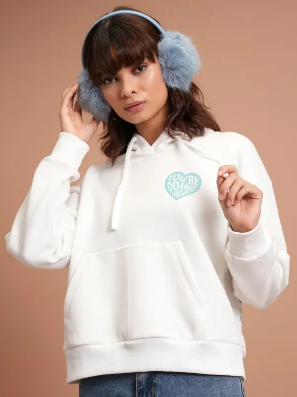  Tokyo Talkies Women White Printed Pullover Hood Sweatshirts
