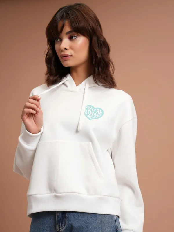  Tokyo Talkies Women White Printed Pullover Hood Sweatshirts