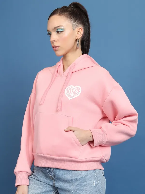  Tokyo Talkies Women Pink Printed Pullover Hood Sweatshirts