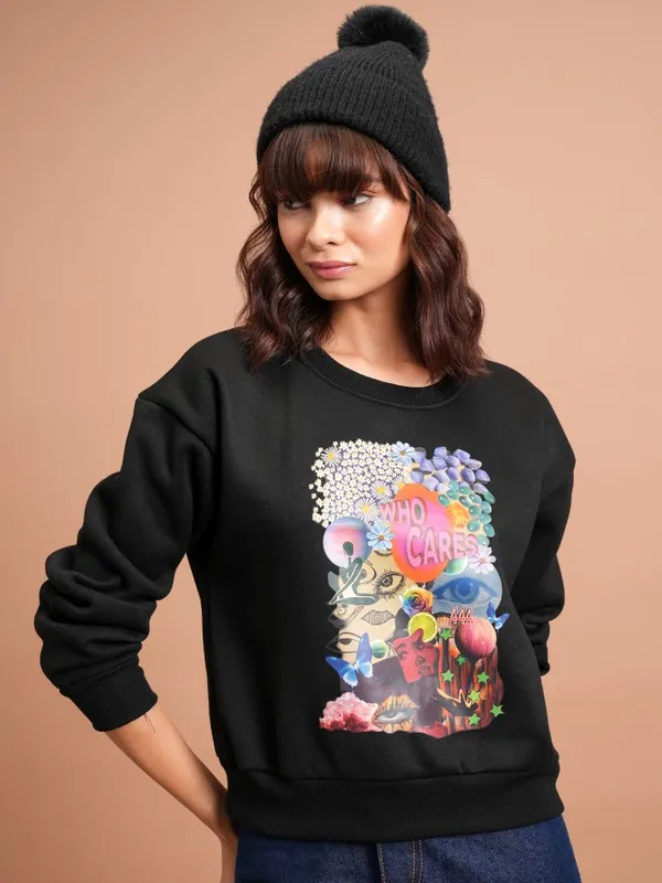  Tokyo Talkies Women Black Printed Pullover Round Neck Sweatshirts