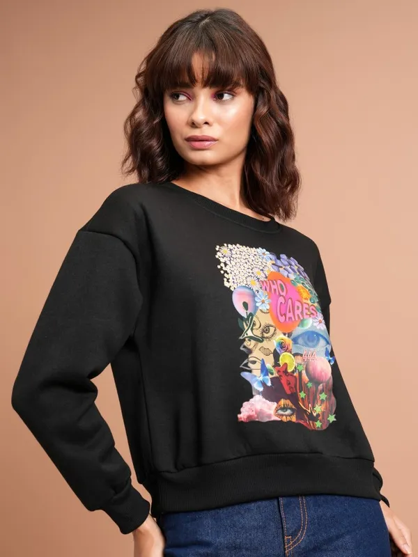  Tokyo Talkies Women Black Printed Pullover Round Neck Sweatshirts