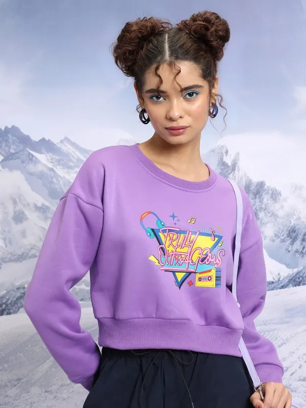  Tokyo Talkies Women Purple Printed Pullover Round Neck Sweatshirts