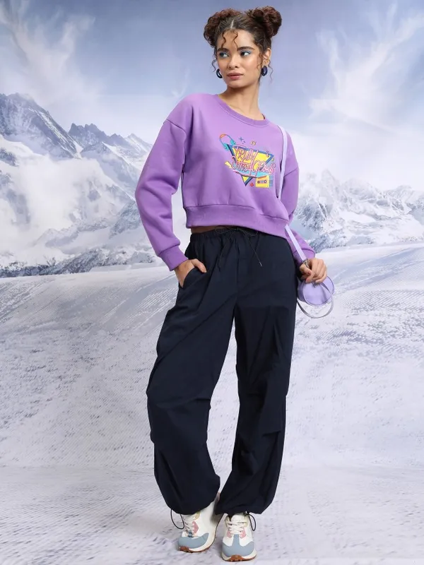  Tokyo Talkies Women Purple Printed Pullover Round Neck Sweatshirts