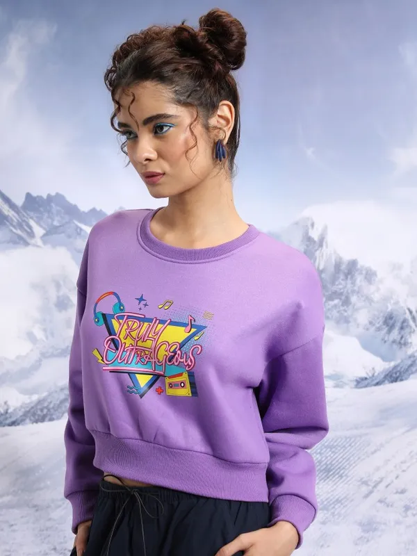  Tokyo Talkies Women Purple Printed Pullover Round Neck Sweatshirts