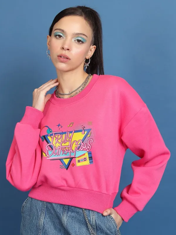  Tokyo Talkies Women Pink Printed Pullover Round Neck Sweatshirts