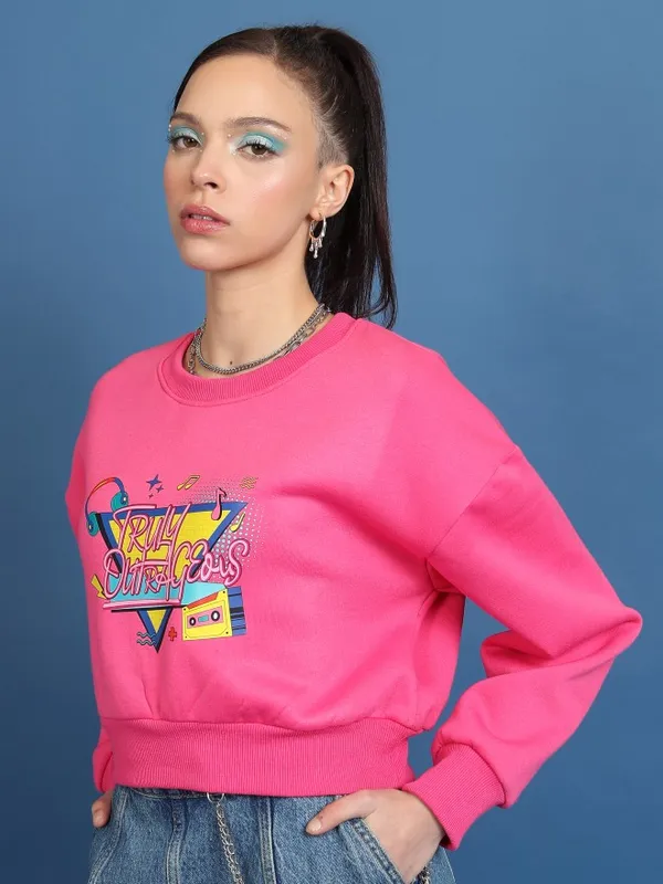  Tokyo Talkies Women Pink Printed Pullover Round Neck Sweatshirts