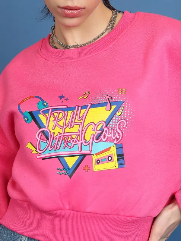  Tokyo Talkies Women Pink Printed Pullover Round Neck Sweatshirts