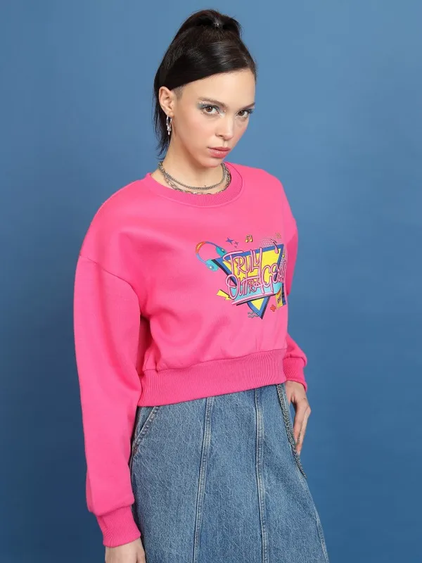  Tokyo Talkies Women Pink Printed Pullover Round Neck Sweatshirts