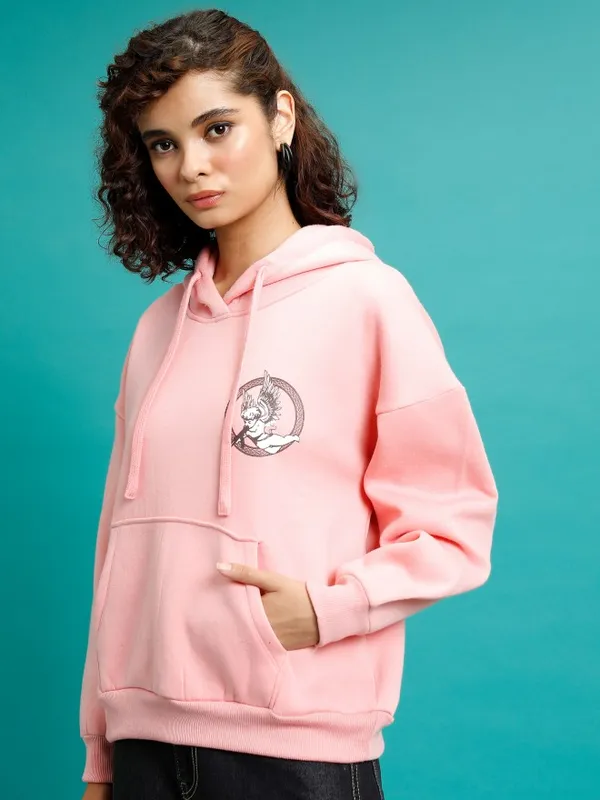  Tokyo Talkies Women Pink Printed Pullover Hood Sweatshirts