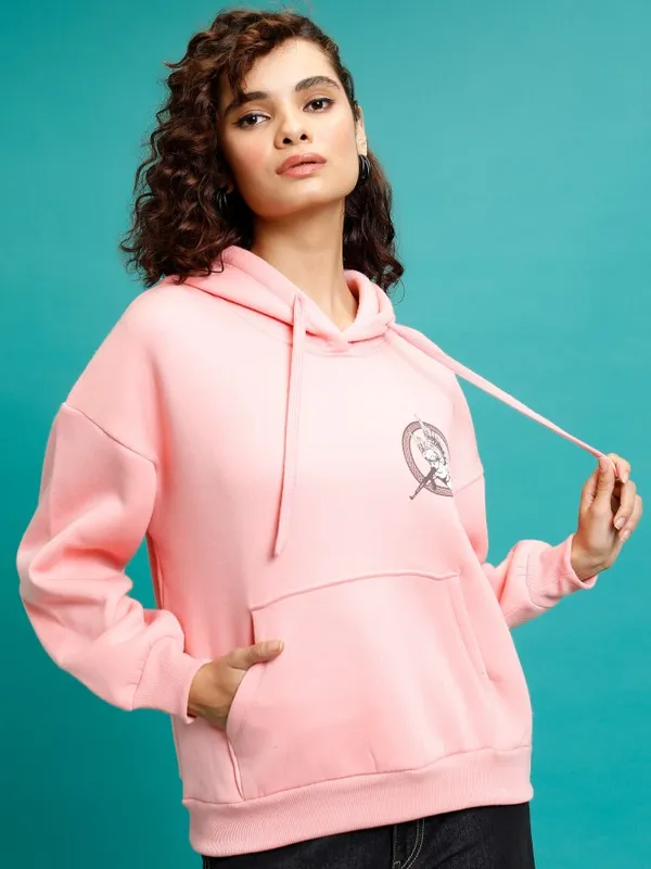  Tokyo Talkies Women Pink Printed Pullover Hood Sweatshirts