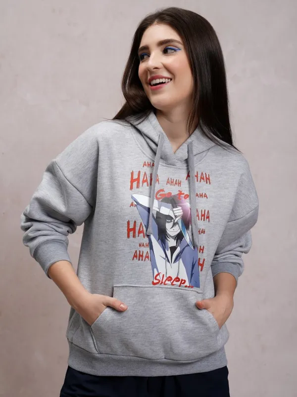  Tokyo Talkies Women Grey Printed Pullover Hood Sweatshirts