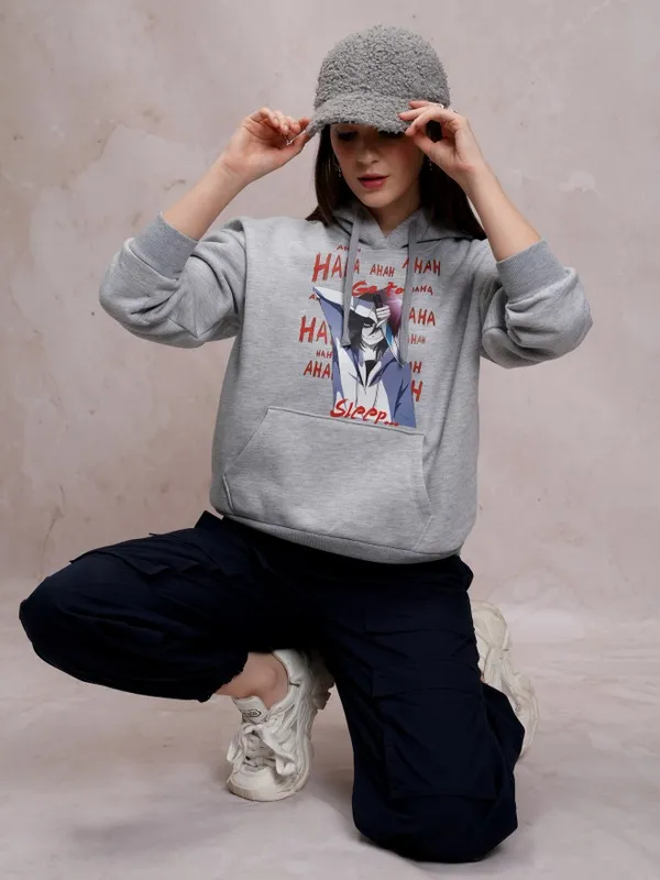  Tokyo Talkies Women Grey Printed Pullover Hood Sweatshirts